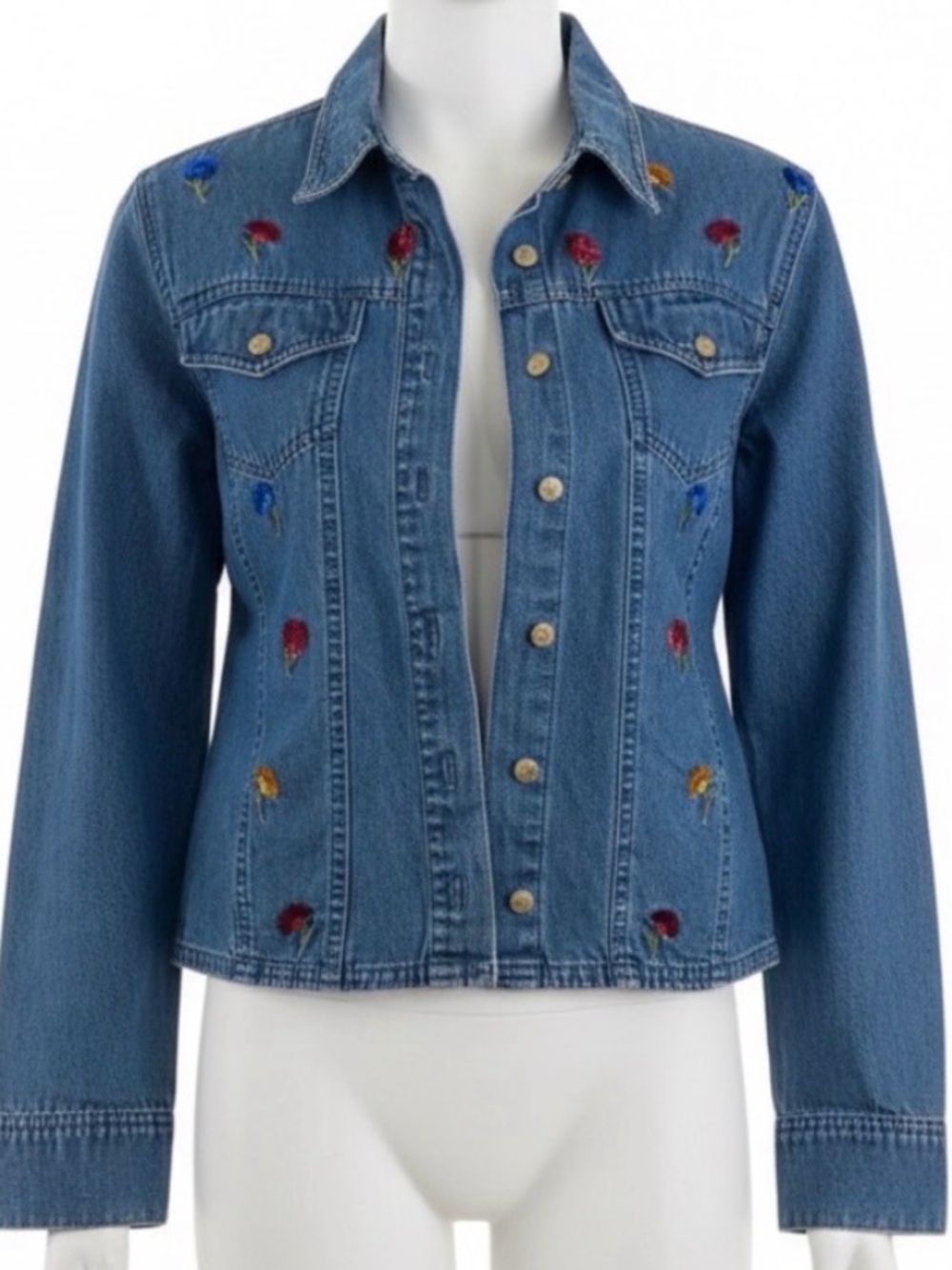 Vintage Lemon Grass Floral Pom‑Pom Denim Shacket 100% Cotton Petite Medium